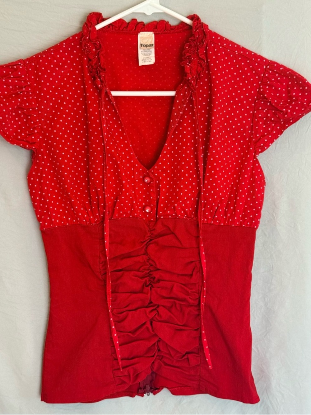 Women's Vintage Topaz Red Polka Dot Ruffled Bodice Top Made in USA Zip Back